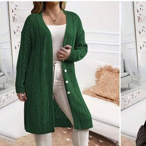 Green Open-Knit Long Cardigan with Button Front